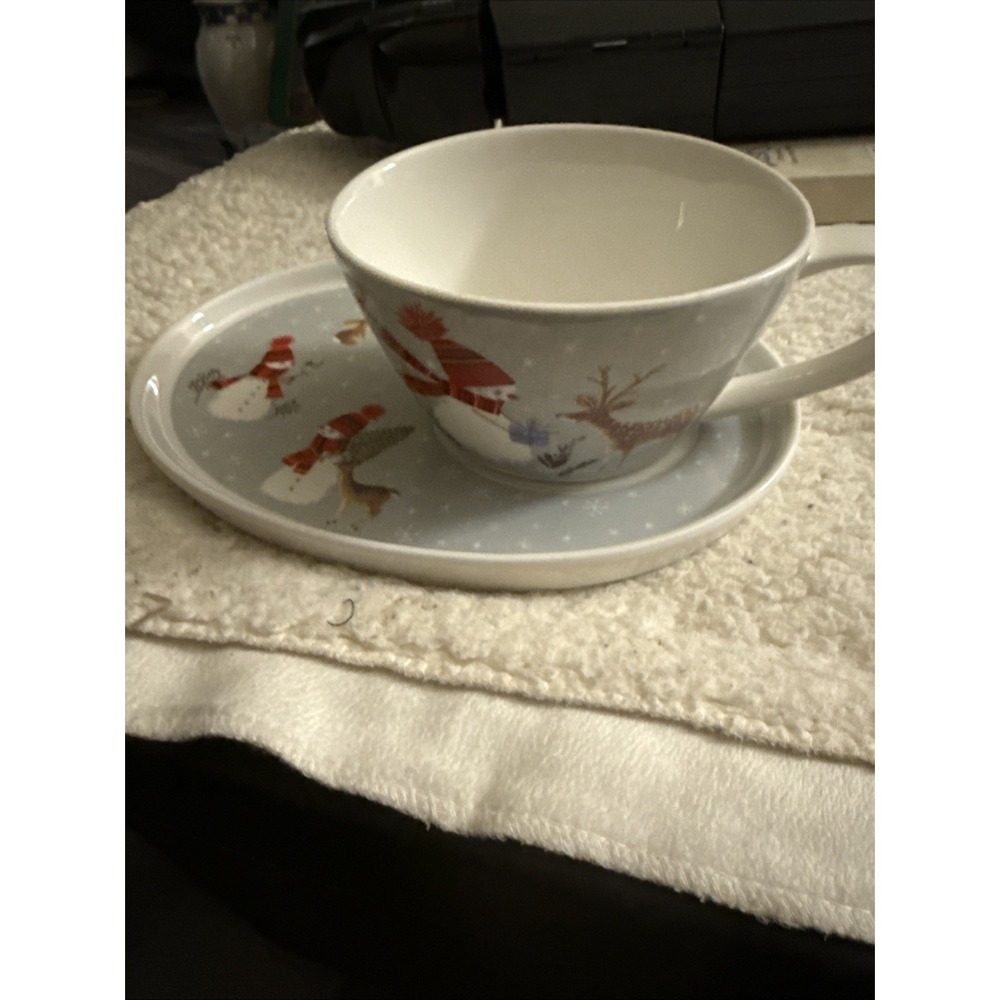 Grace Teaware Fine Porcelain  Snack Plate and Cup Set Snowman Grey Background